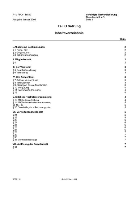 R+V/VTV Bedingungsheft Agrar Gesamt-Inhaltsverzeichnis