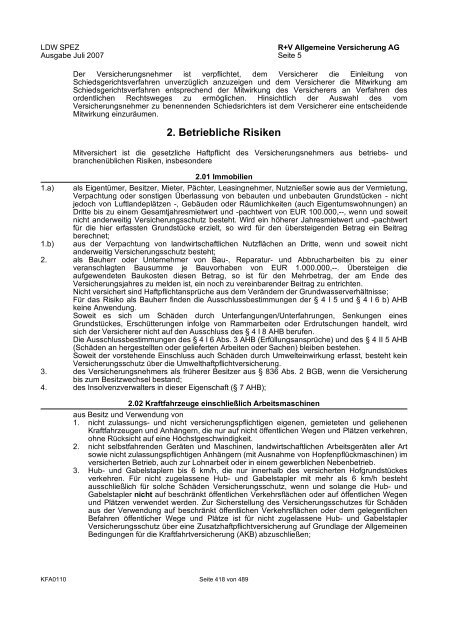 R+V/VTV Bedingungsheft Agrar Gesamt-Inhaltsverzeichnis