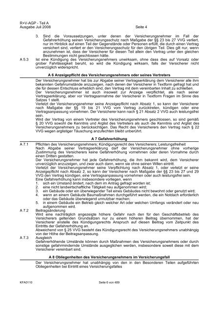 R+V/VTV Bedingungsheft Agrar Gesamt-Inhaltsverzeichnis