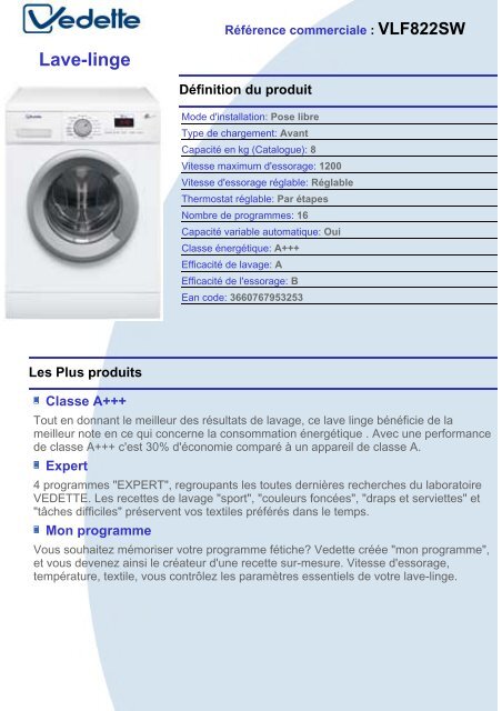 Vedette Lave linge hublot Vedette VLF 822SW - fiche produit