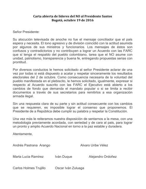 Carta abierta de líderes del NO al presidente Juan Manuel Santos 