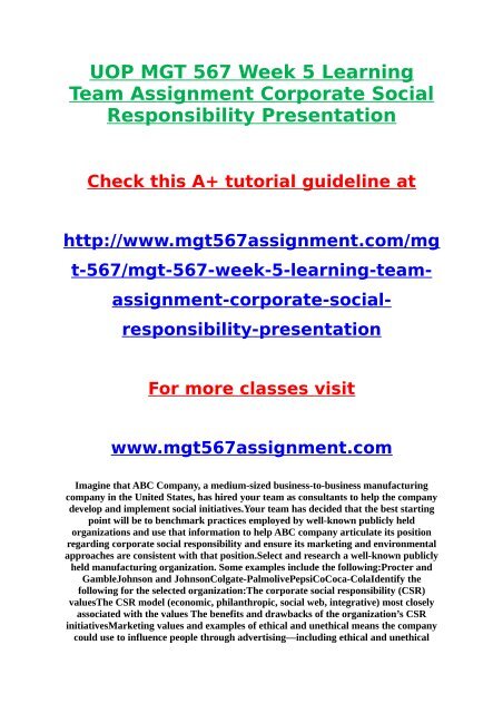 UOP MGT 567 Week 5 Learning Team Assignment Corporate Social ...