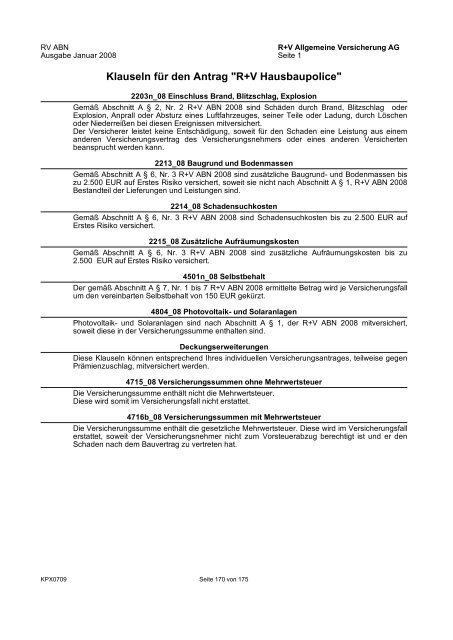 R+V Privatkunden Verbraucherinformation Gesamt-Inhaltsverzeichnis