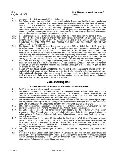 R+V Privatkunden Verbraucherinformation Gesamt-Inhaltsverzeichnis