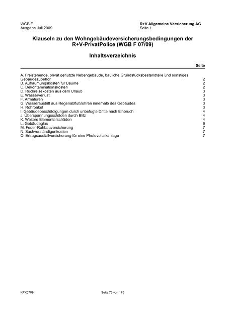 R+V Privatkunden Verbraucherinformation Gesamt-Inhaltsverzeichnis