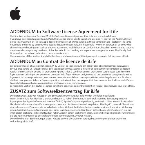 Apple MacBook Pro (15 pouces, fin 2008) - ADDENDUM au Contrat de licence de iLife - MacBook Pro (15 pouces, fin 2008) - ADDENDUM au Contrat de licence de iLife