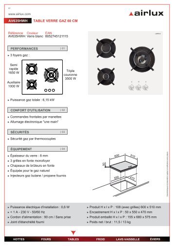 Airlux Table gaz Airlux AV635HWH - fiche produit