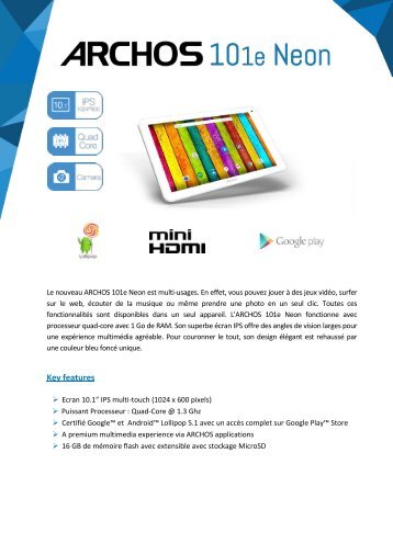 Archos Tablette Android Archos 101E Neon 32Go - fiche produit