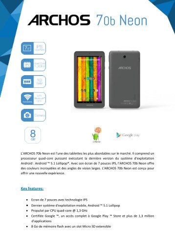 Archos Tablette Android Archos 70B Neon 8Go - fiche produit