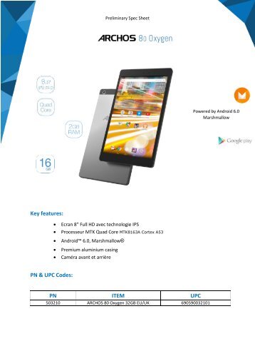 Archos Tablette Android Archos 80 Oxygen 32Go - fiche produit