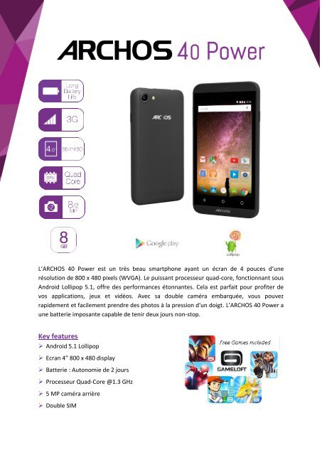 Archos Smartphone Archos 40 Power 8Go - fiche produit