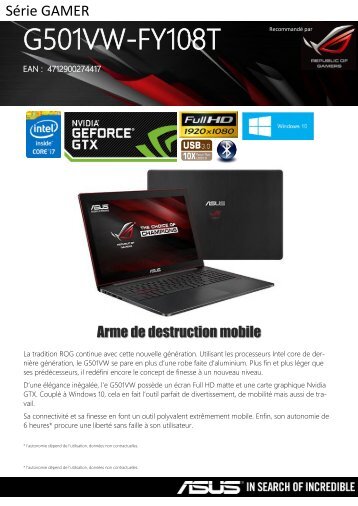 Asus PC Gamer Asus G501VW-FY108T - fiche produit