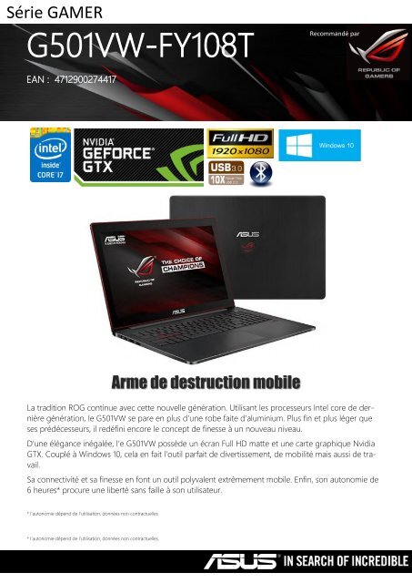 Asus PC Gamer Asus G501VW-FY108T - fiche produit