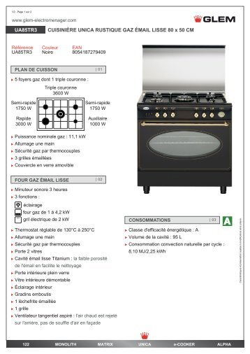 Glem Piano de cuisson gaz Glem UA85TR3 - fiche produit