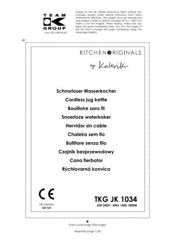 Kalorik Bouilloire Kalorik Isotherme TKG JK 1034 KTO - notice