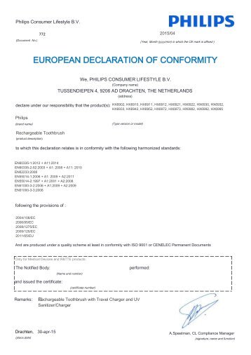 Philips Sonicare FlexCare Sonic electric toothbrush - Declaration of Conformity - AEN