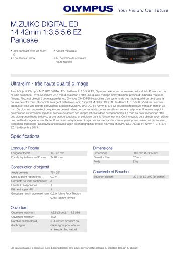 Olympus Objectif pour Hybride Olympus 14-42mm f/3.5-5.6 EZ silver Pancake - fiche produit
