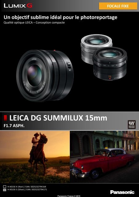 Panasonic Objectif pour Hybride Panasonic 15mm f/1.7 noir Leica DG Summilux - fiche produit