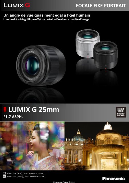 Panasonic Objectif pour Hybride Panasonic 25mm f/1.7 noir Lumix G - fiche produit