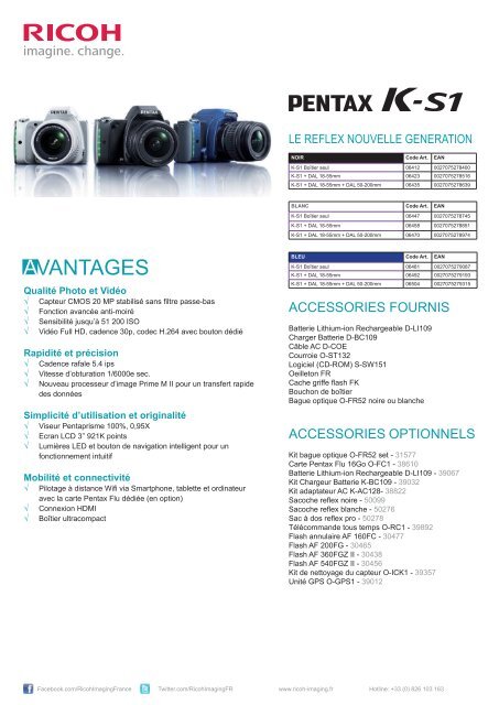 Pentax Appareil photo Reflex Pentax K-S1 bleu nu - fiche produit
