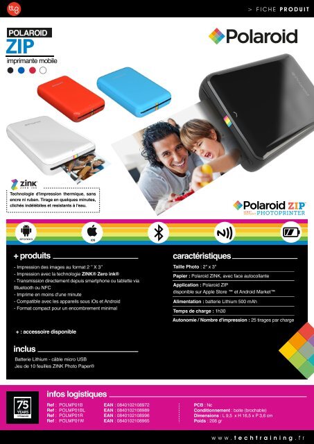 Polaroid Imprimante photo Polaroid ZIP blanche - fiche produit