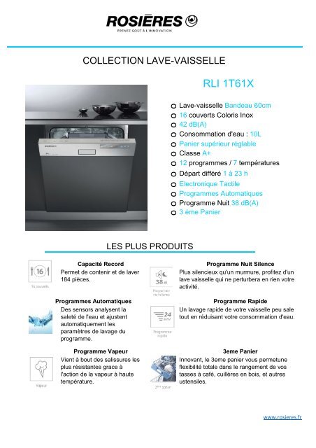 Rosieres Lave vaisselle Rosieres RLI1T61X - fiche produit
