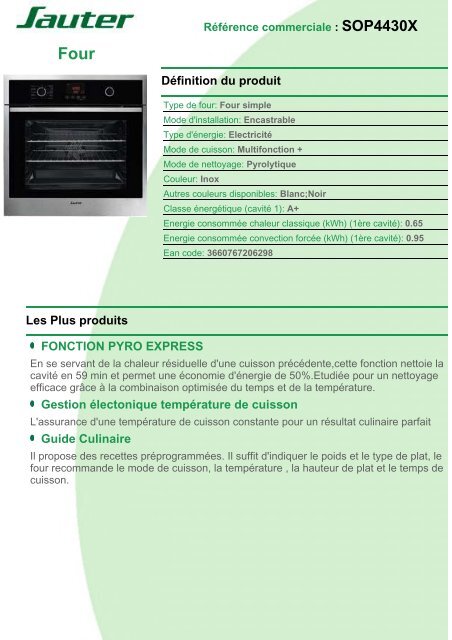 Sauter Four Encastrable Sauter SOP4430X - fiche produit