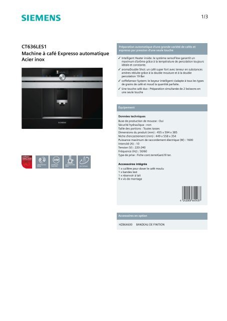 Siemens Expresso encastrable Siemens CT636LES1 - fiche produit