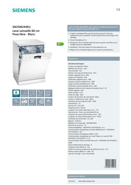 Siemens Lave vaisselle Siemens SN25M244EU - fiche produit