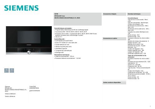 Siemens Micro ondes Siemens BF634LGS1 - fiche produit