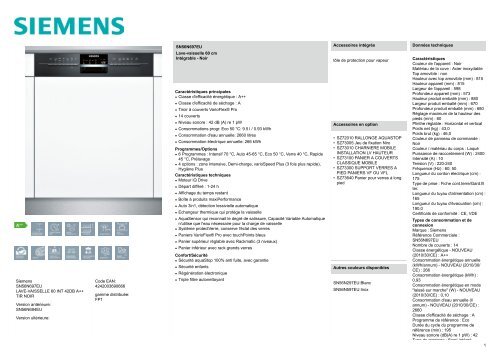 Siemens Lave vaisselle encastrable 60 cm Siemens SN56N697EU - fiche produit