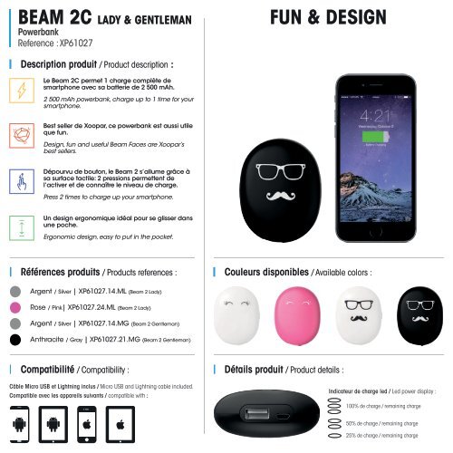 Xoopar Batterie externe Xoopar Lash Pink 2500mAh Beam 2 - fiche produit