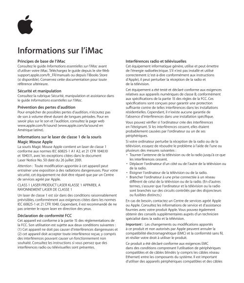 Apple iMac (Retina 4K, 21.5 pouces, fin 2015) - Guide d&rsquo;informations importantes sur le produit - iMac (Retina 4K, 21.5 pouces, fin 2015) - Guide d&rsquo;informations importantes sur le produit