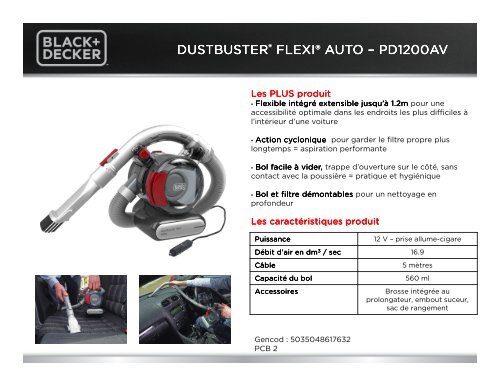 Black Et Decker Aspirateur main Black Et Decker PD1200AV DUSTBUSTER FLEXI  AUTO 12V - fiche produit