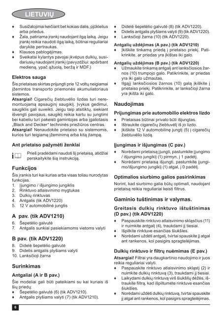 BlackandDecker Aspirateur Auto- Adv1210 - Type H1 - Instruction Manual (Lituanie)