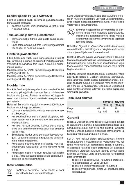 BlackandDecker Aspirateur Auto- Adv1210 - Type H1 - Instruction Manual (Estonie)