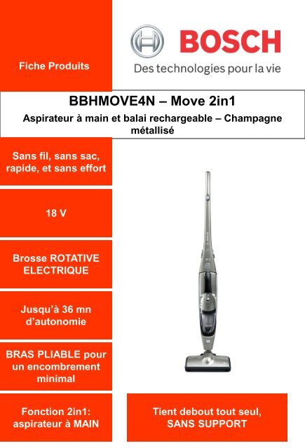 Bosch Aspirateur balai Bosch BBHMOVE4N - fiche produit