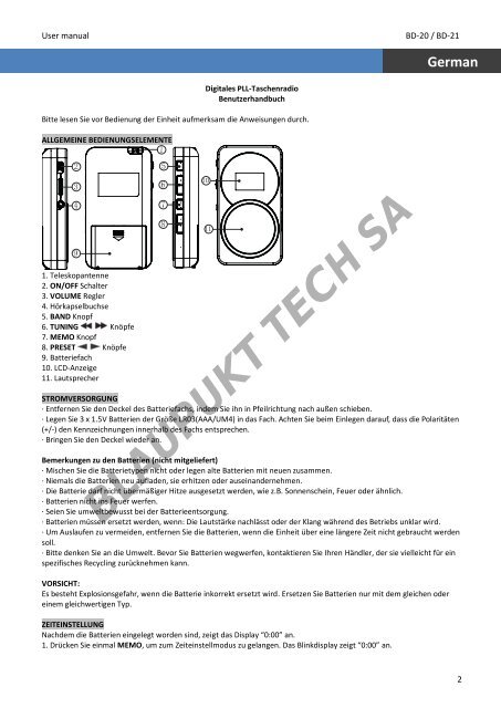 Blaupunkt Radio analogique Blaupunkt BD-20 - notice