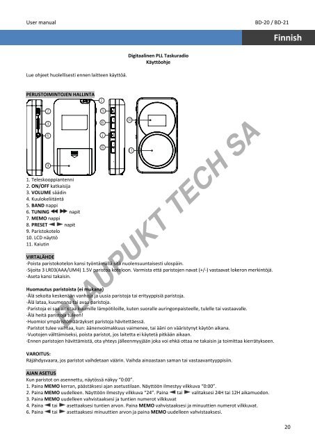 Blaupunkt Radio analogique Blaupunkt BD-20 - notice