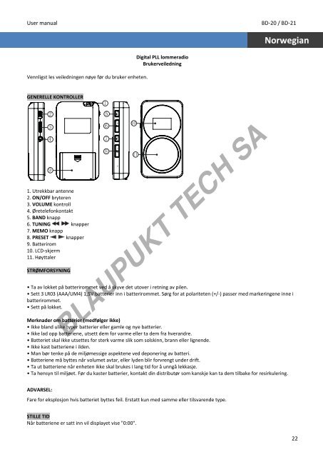 Blaupunkt Radio analogique Blaupunkt BD-20 - notice