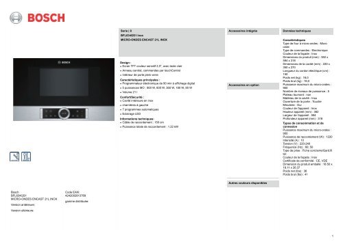 Bosch Micro ondes Bosch BFL634GS1 - fiche produit