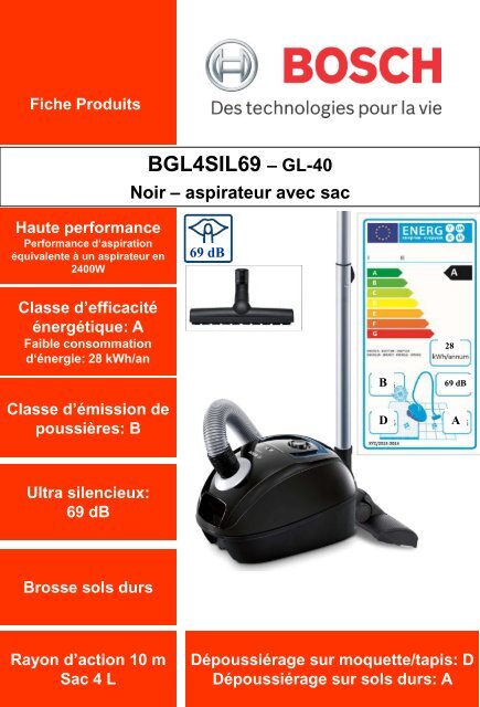 Bosch Aspirateur avec sac Bosch BGL4SIL69 GL-40 - fiche produit