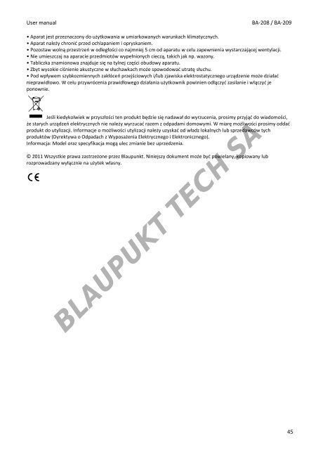 Blaupunkt Radio analogique Blaupunkt BA-208 - notice