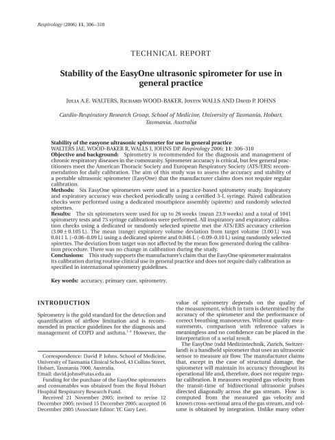Stability of the EasyOne ultrasonic spirometer for use in general ...