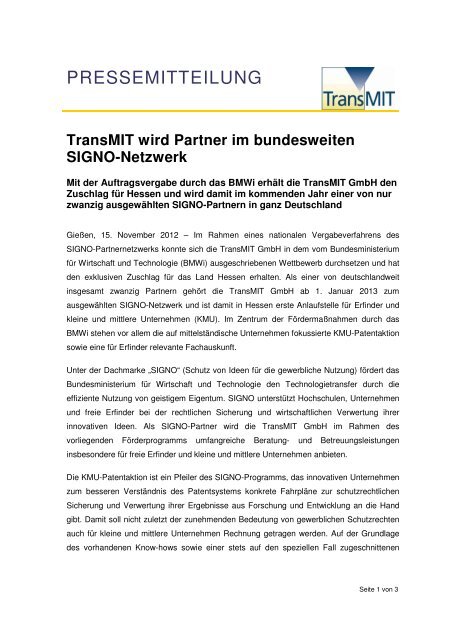 TransMIT wird Partner im bundesweiten SIGNO ... - TransMit GmbH