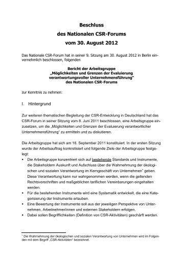 Beschluss des Nationalen CSR-Forums vom 30. August 2012