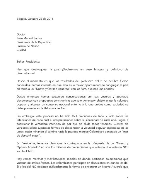 Carta al presidente Juan Manuel Santos -22 de octubre de 2016-