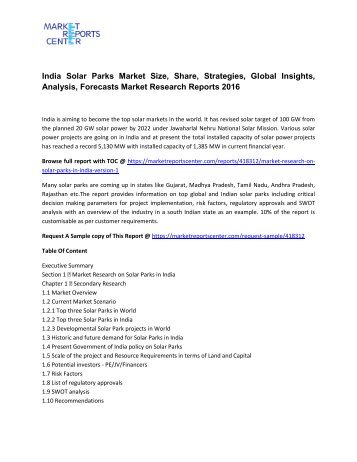 India Solar Parks (Version 1) Market Research Report 2016