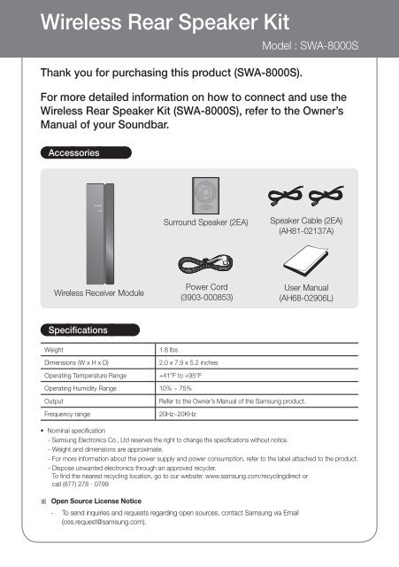 Samsung Wireless Rear Speaker Accessory Kit SWA-8000S - SWA-8000S/ZA - User  Manual ver. 1.0 (ENGLISH,