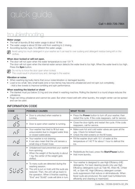 Samsung 3.7 cu. ft. Washer - WF409ANW/XAA - Quick Guide ver. 1.0 ...